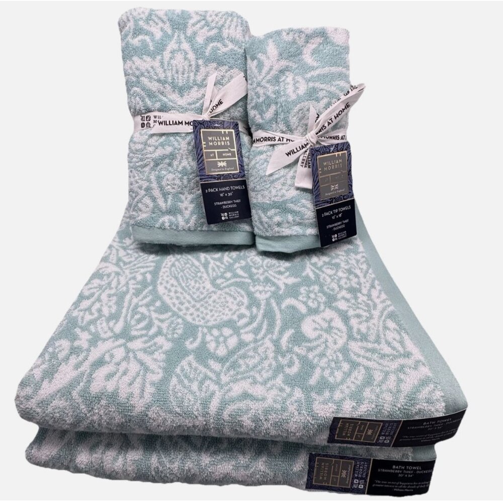 6 Pc William Morris STRAWBERRY THIEF Floral Bath Hand Tip Towel Set Turquoise